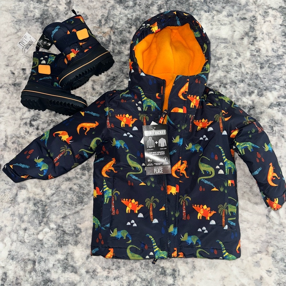 The Children's Place Navy Dinosaur Jacket with matching boots